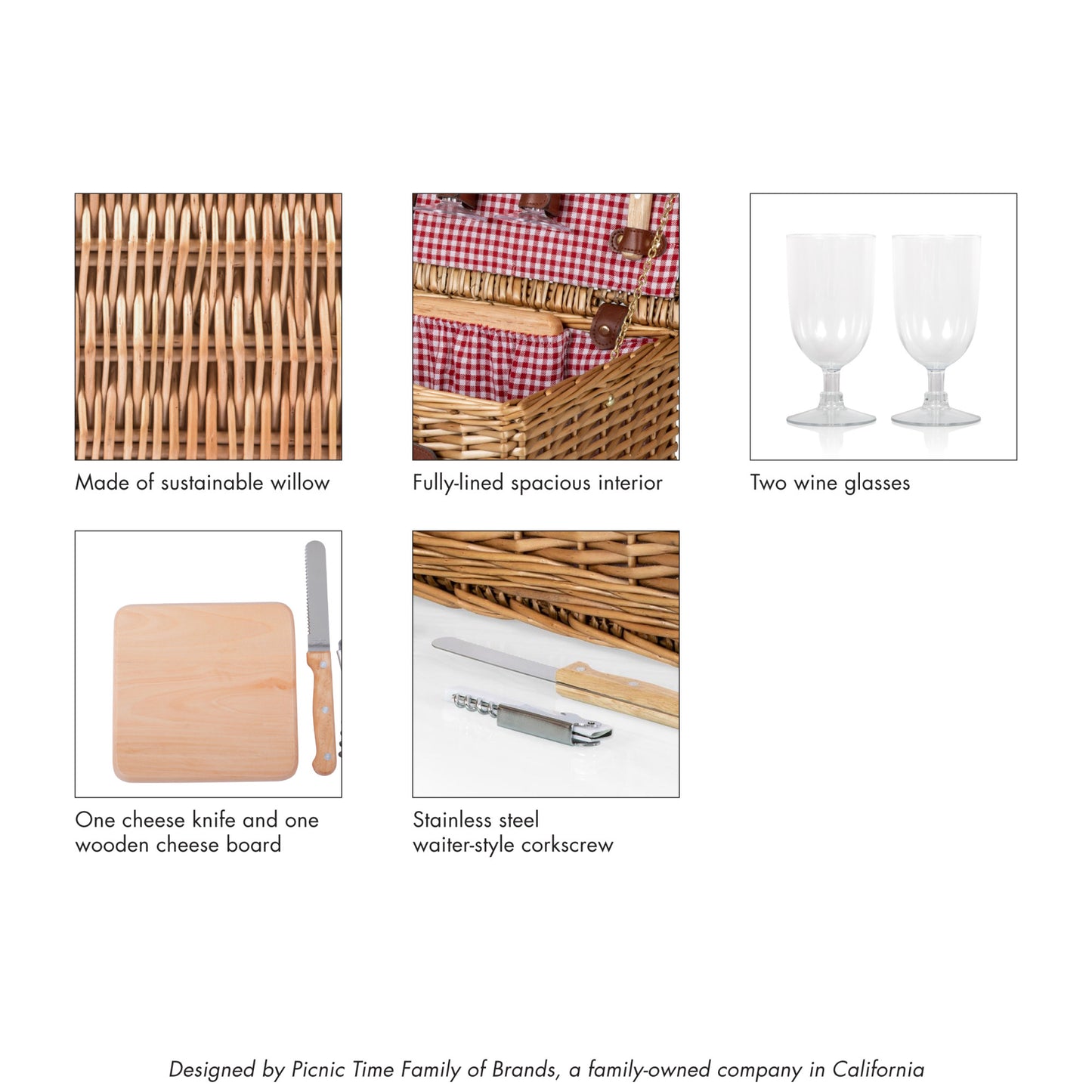 Gingham Wine & Cheese Picnic Basket for 2 with Cheese Board & Wine Glasses