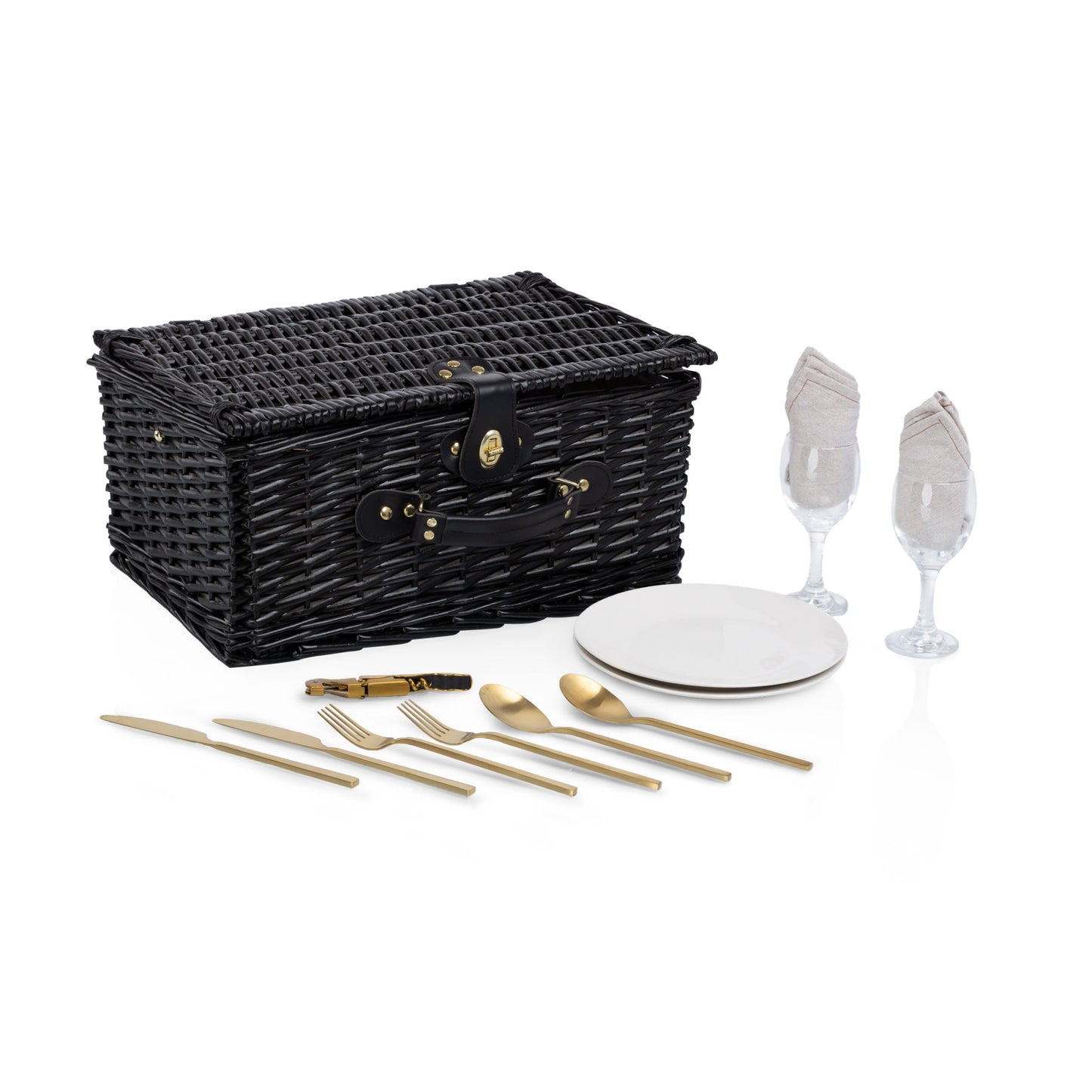Vintage-Style Wicker Picnic Basket for 2 with Wine Glasses & Full Table Set – Black Willow