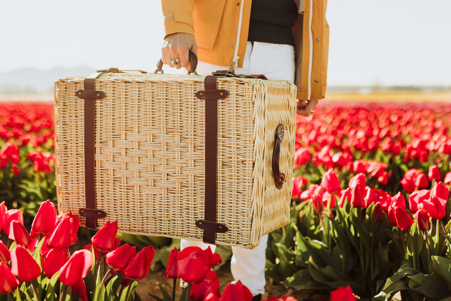 Charleston Luxury Wicker Picnic Basket for 4 with Genuine Cowhide Leather