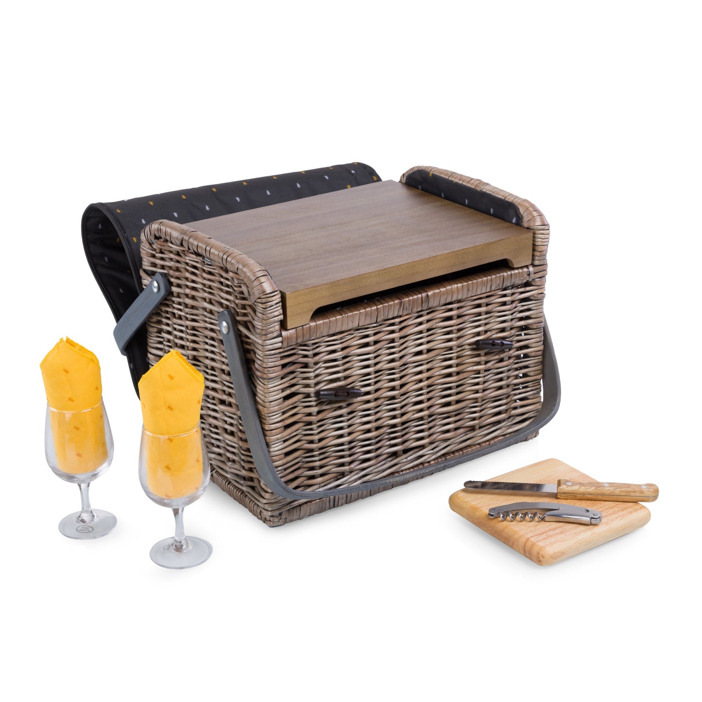 Kabrio Handwoven Willow Wine & Cheese Picnic Basket with Built-In Hardwood Tabletop