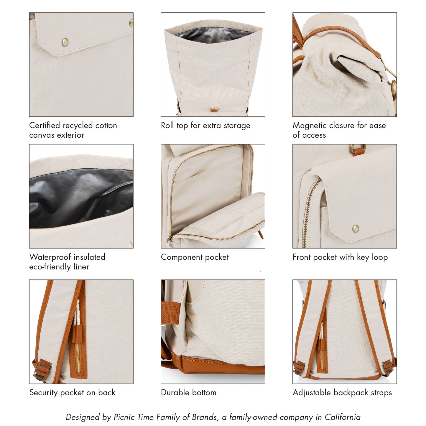 Carmel Roll Top Picnic Backpack Cooler with Components