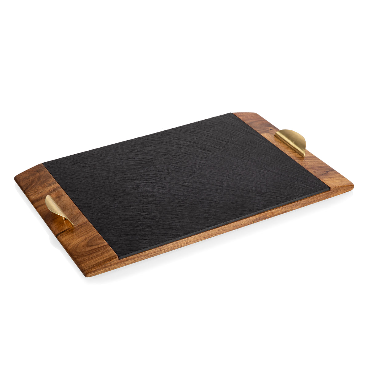 Acacia Wood and Slate Serving Tray with Gold Handles