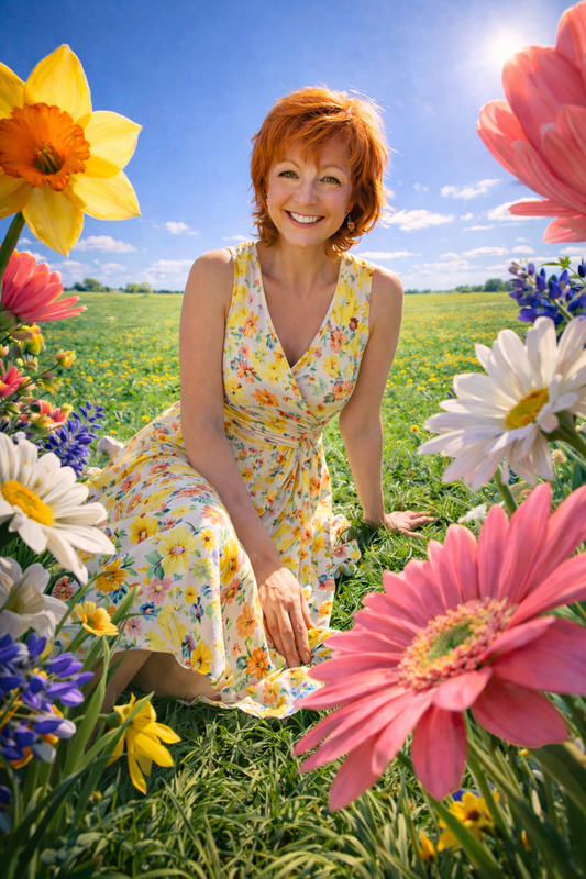 Woman sitting joyfully in a spring flower field in a floral dress