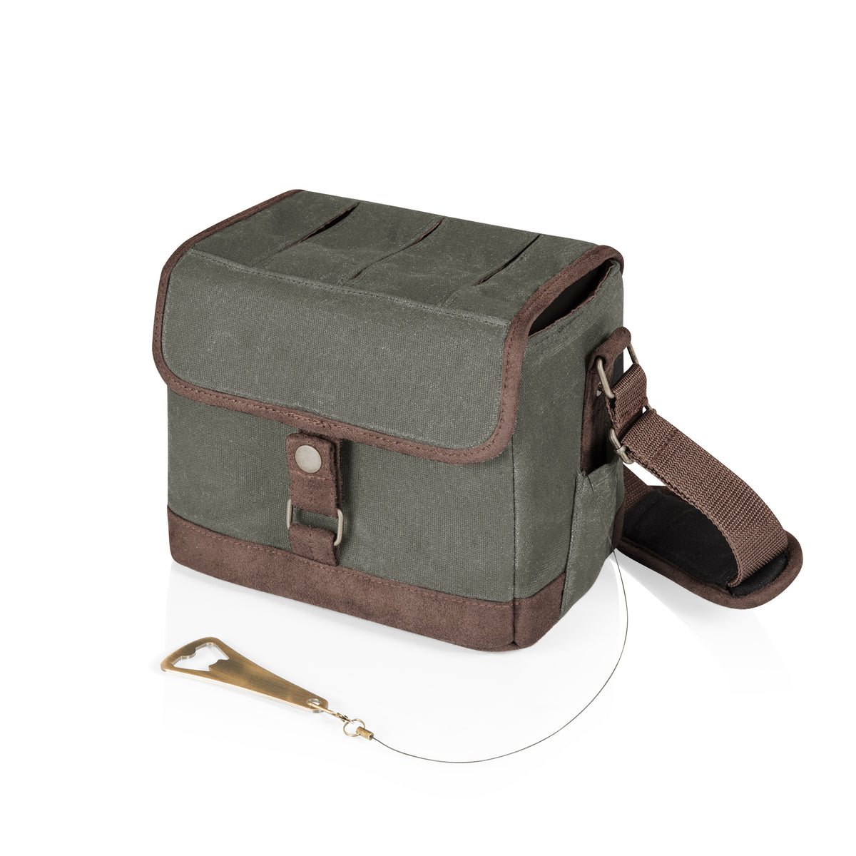 Beer Caddy 6-Pack Cooler Tote with Bottle Opener - Khaki Green with Brown Accents