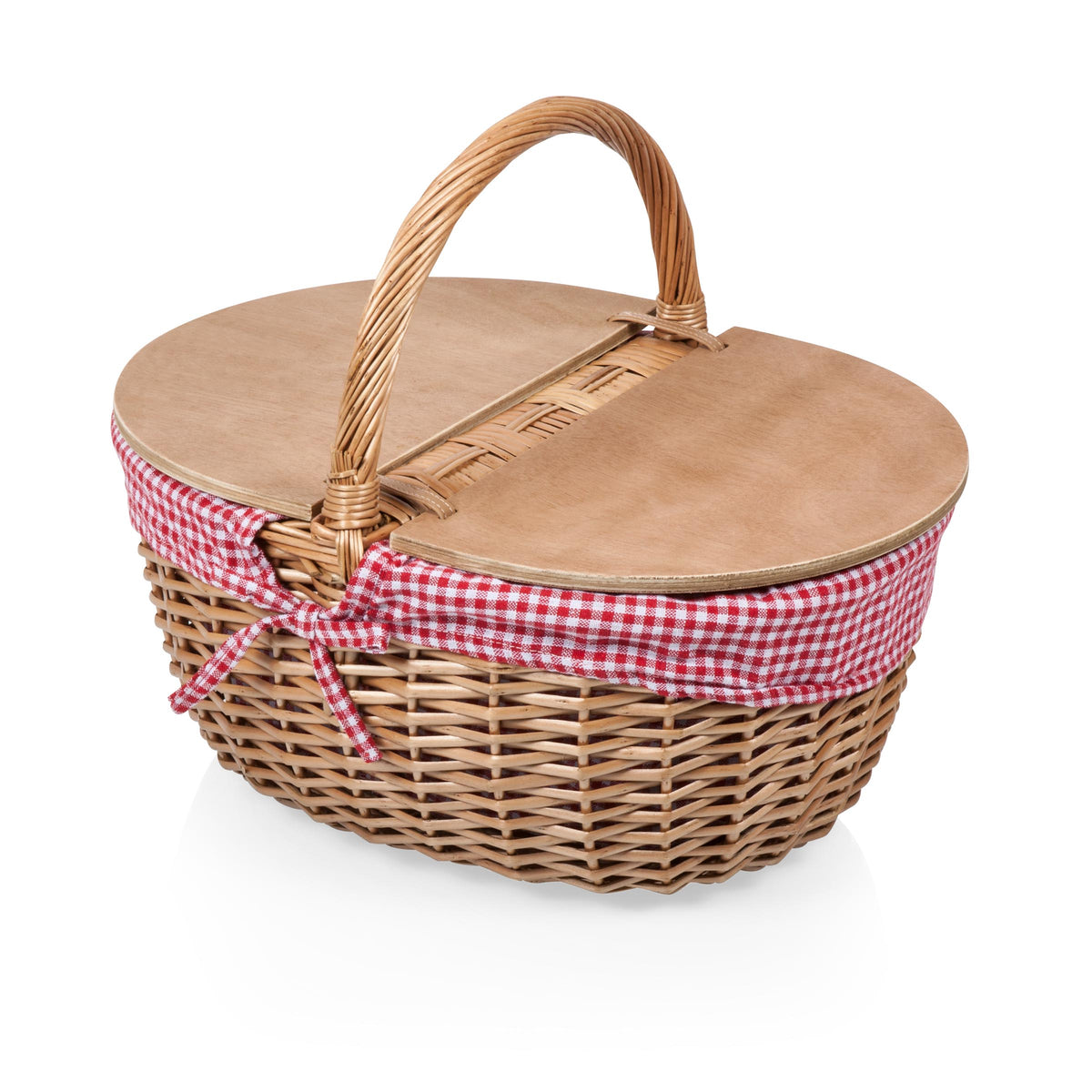 Country Vintage Wicker Picnic Basket for 2 with Split-Lid Design - Red & White Gingham Pattern