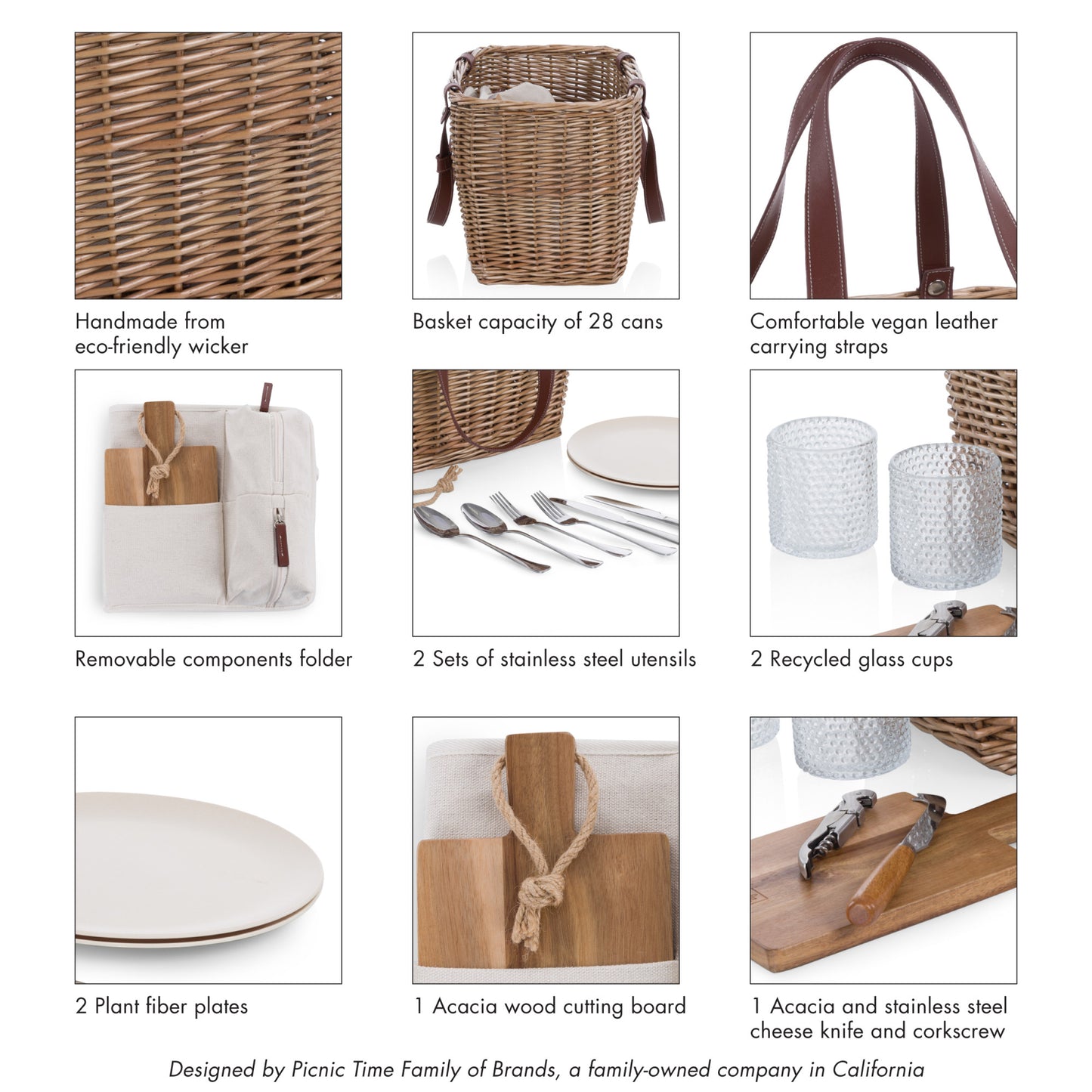 Terrabella Earth Friendly Handwoven Picnic Basket Set for 2