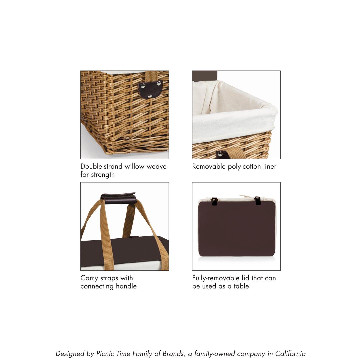 Classic Wicker Picnic Basket for 2 with Removable Lid