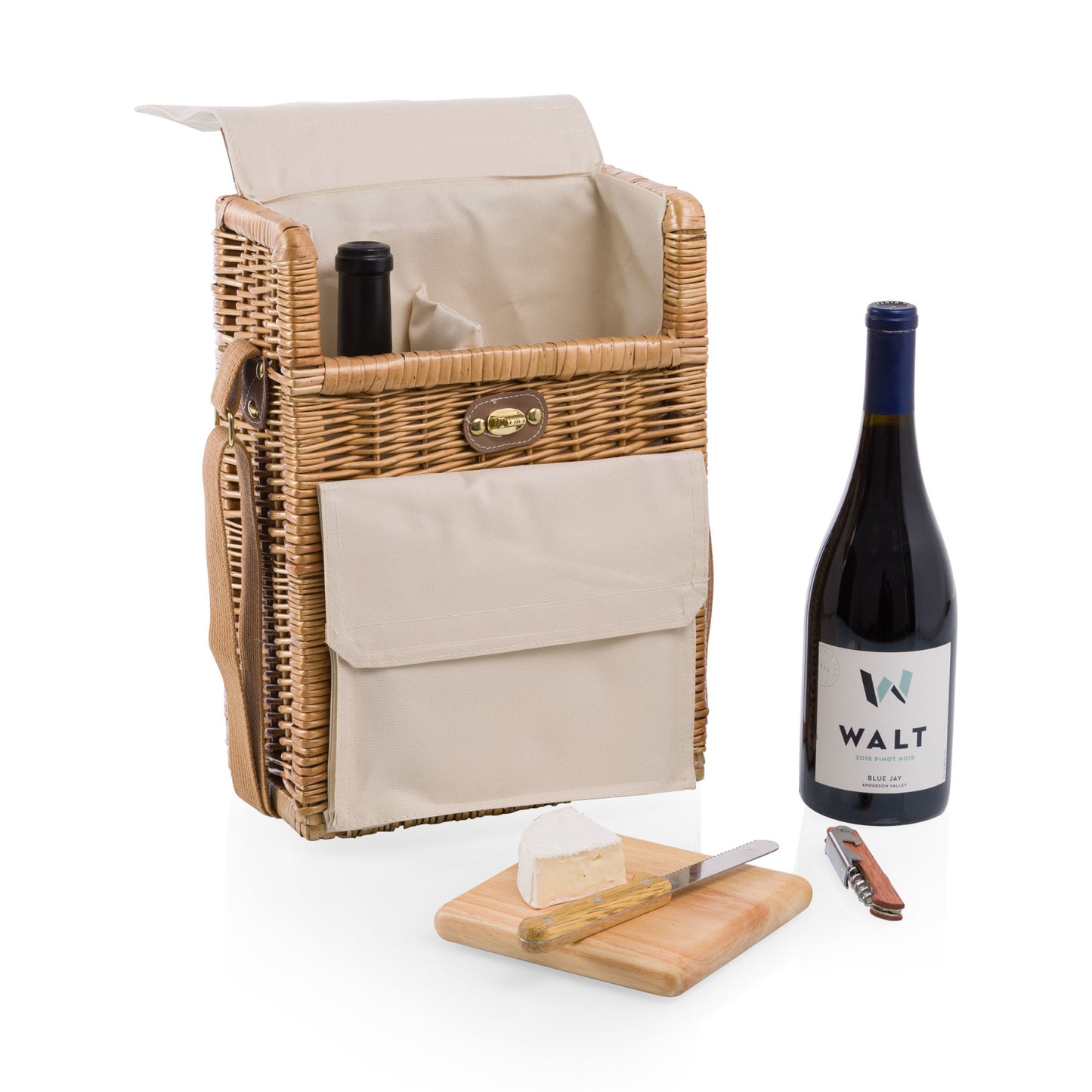 Handwoven Willow Wine & Cheese Picnic Basket with Shoulder Strap