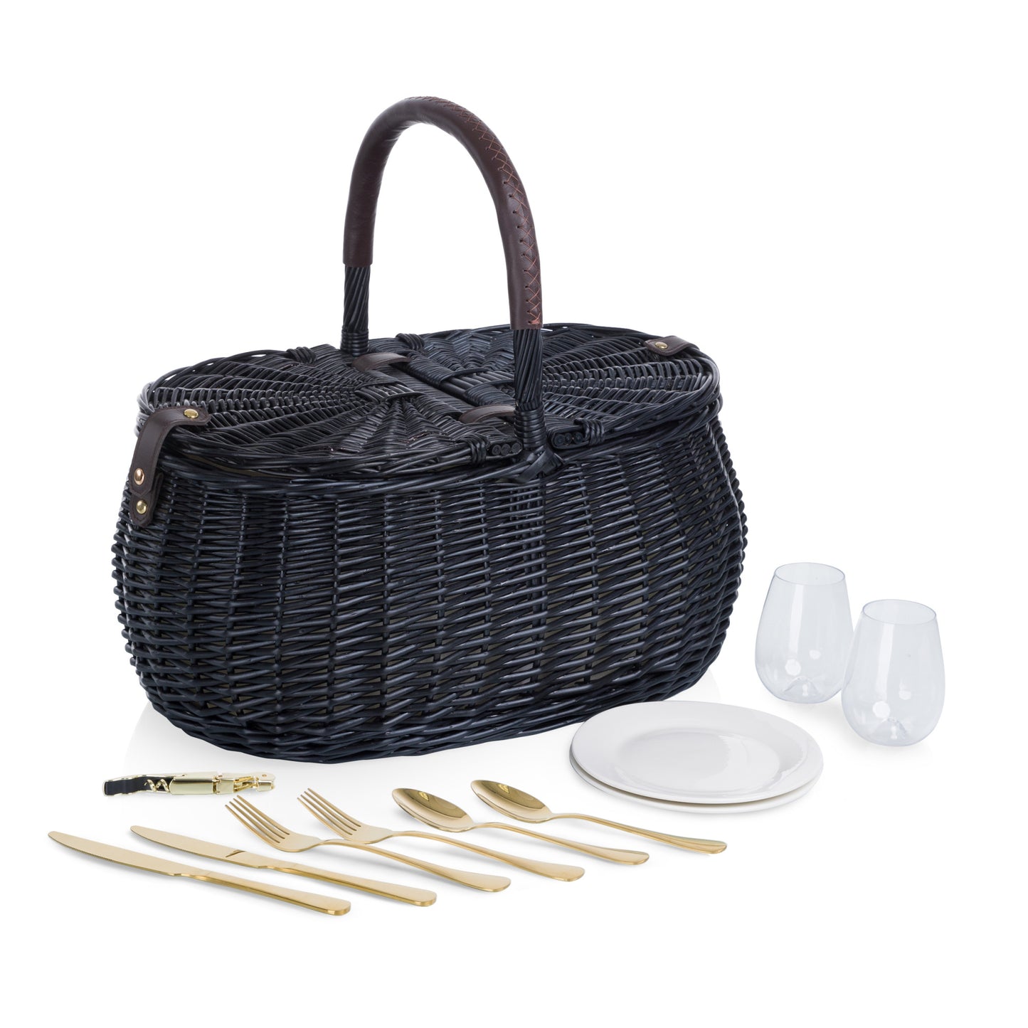 Evening Handwoven Willow Picnic Basket for 2 with Gold-Plated Cutlery