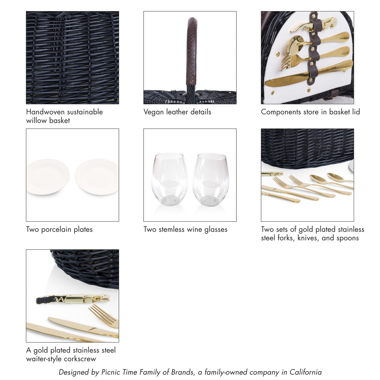 Evening Handwoven Willow Picnic Basket for 2 with Gold-Plated Cutlery