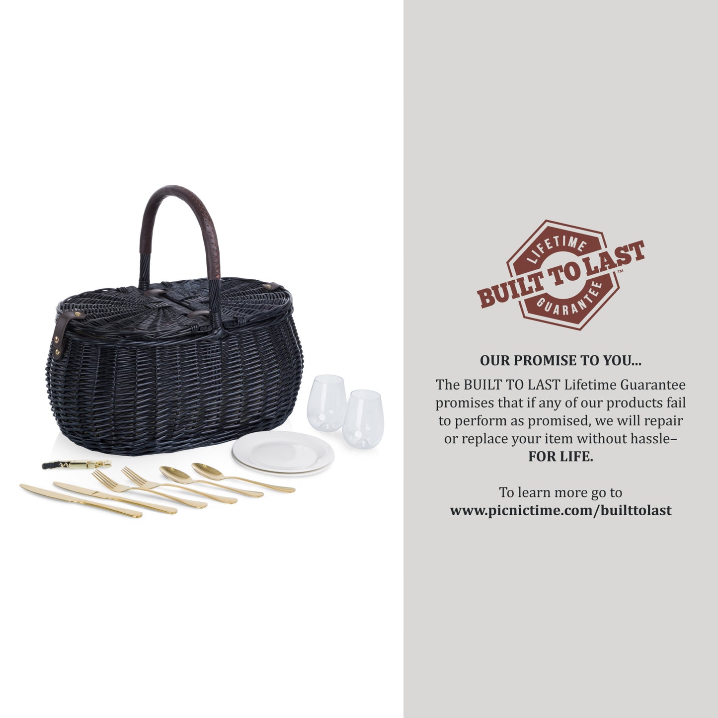 Evening Handwoven Willow Picnic Basket for 2 with Gold-Plated Cutlery