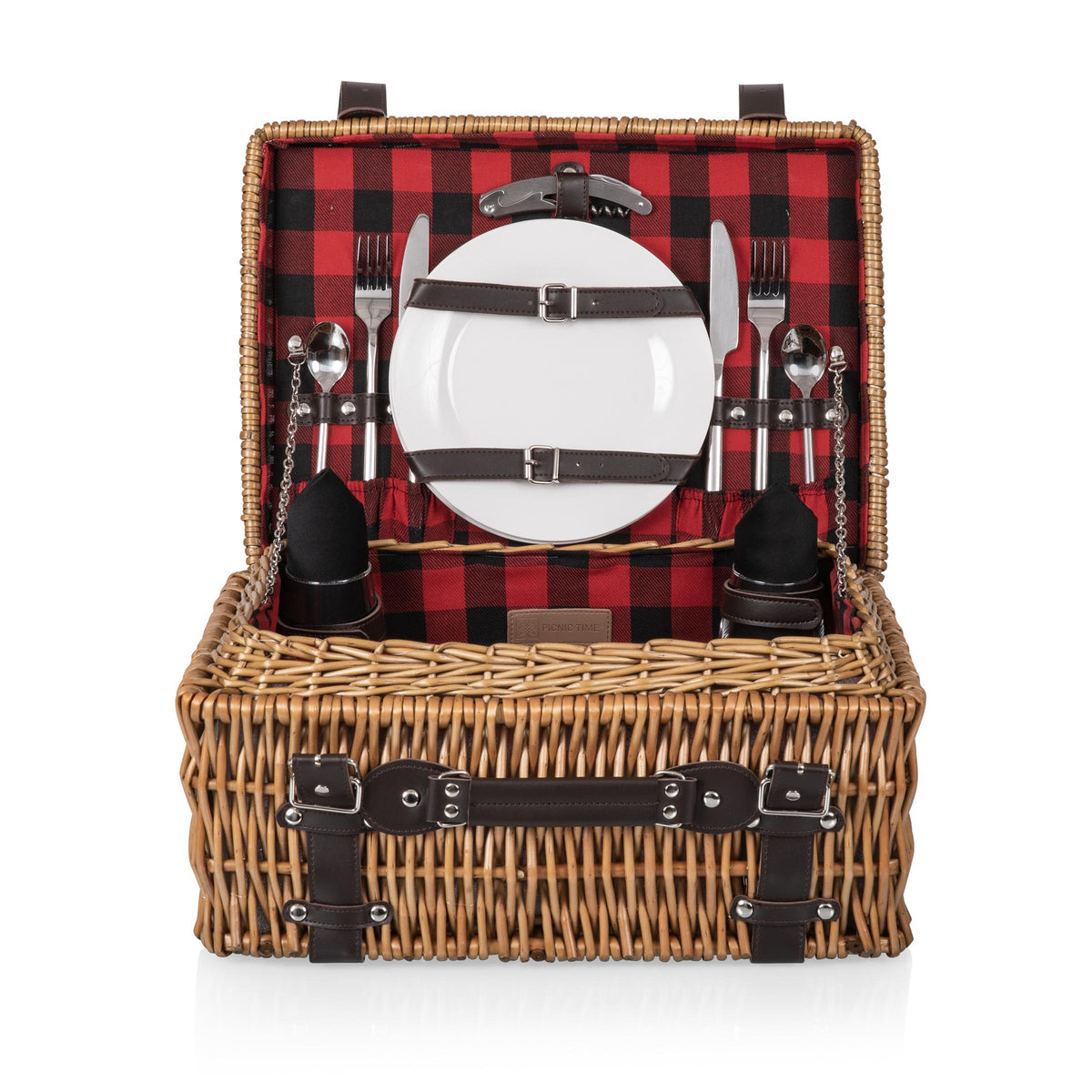 English-Style Wine & Cheese Picnic Basket for 2 with Porcelain Plates - Red & Black Buffalo Plaid Pattern