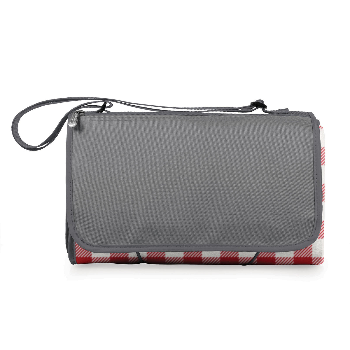 Outdoor Picnic Blanket Tote - Red & White Gingham Pattern with Gray Flap