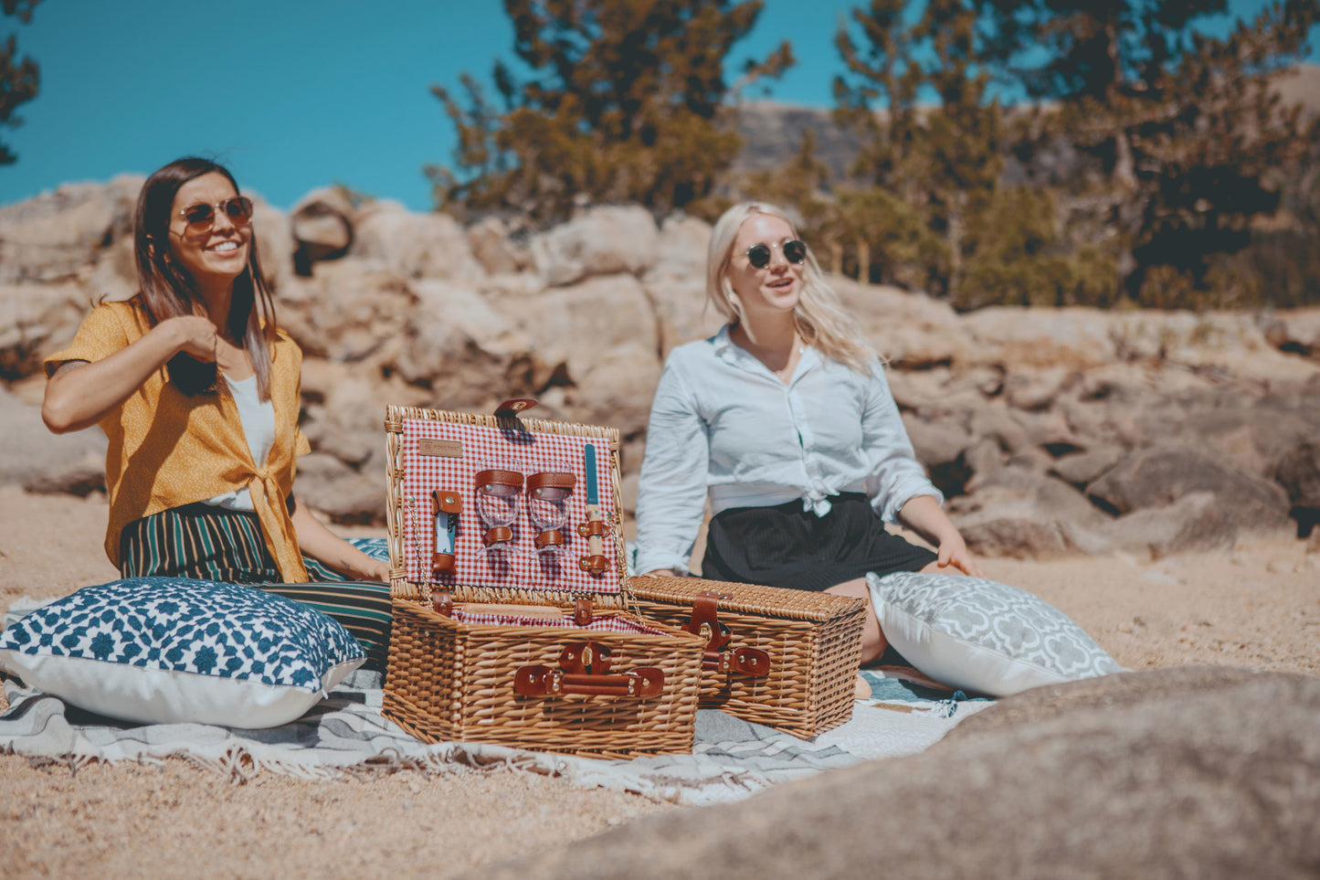 Gingham Wine & Cheese Picnic Basket for 2 with Cheese Board & Wine Glasses
