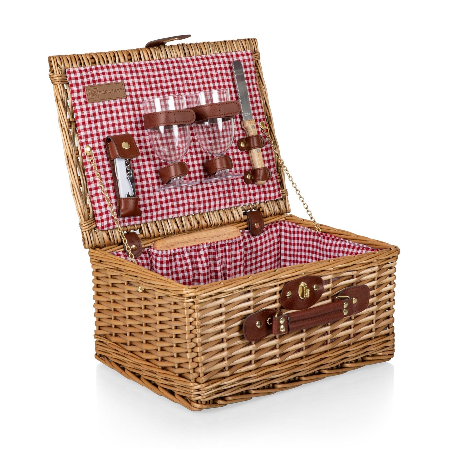 Gingham Wine & Cheese Picnic Basket for 2 with Cheese Board & Wine Glasses