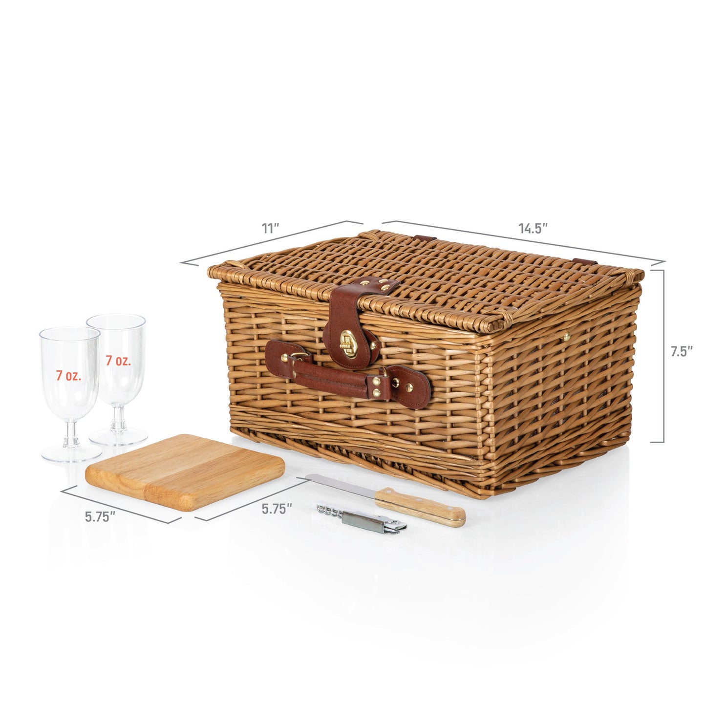 Gingham Wine & Cheese Picnic Basket for 2 with Cheese Board & Wine Glasses