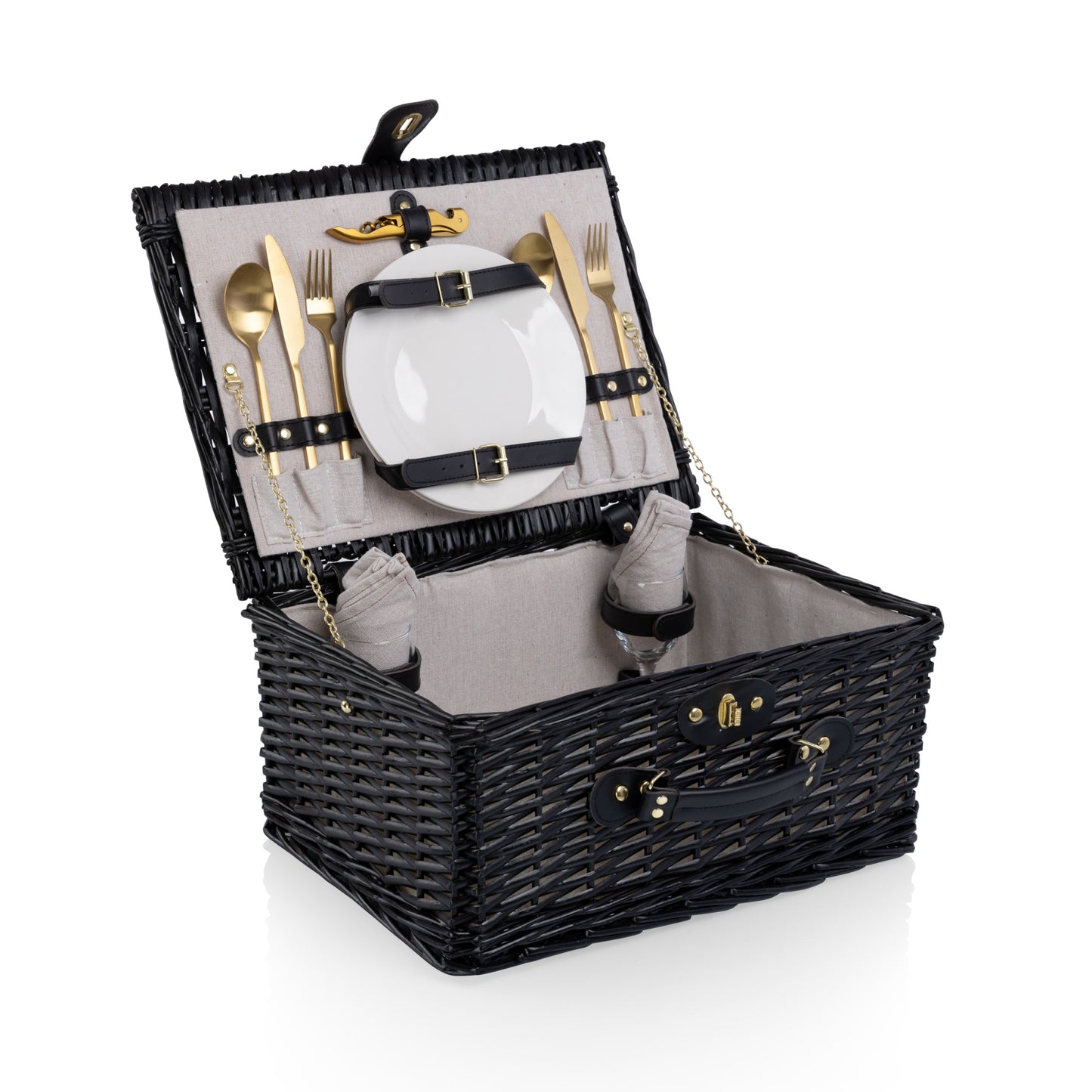 Vintage-Style Wicker Picnic Basket for 2 with Wine Glasses & Full Table Set â€“ Black Willow