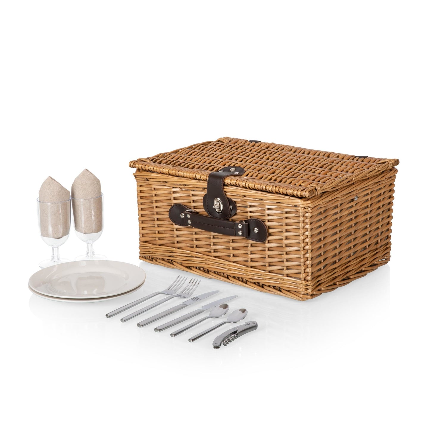 Vintage-Style Wicker Picnic Basket for 2 with Wine Glasses & Full Table Set