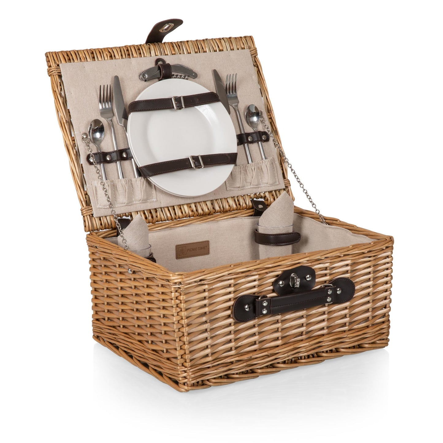 Vintage-Style Wicker Picnic Basket for 2 with Wine Glasses & Full Table Set