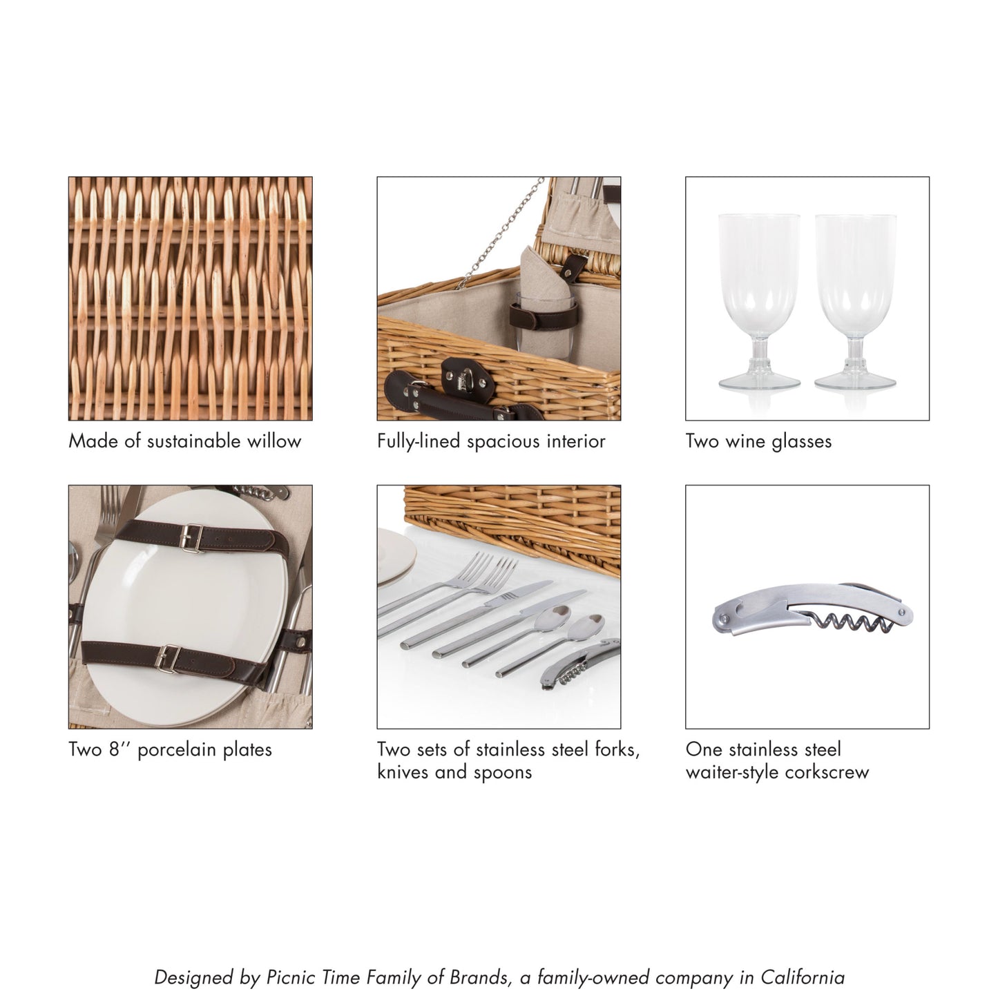 Vintage-Style Wicker Picnic Basket for 2 with Wine Glasses & Full Table Set