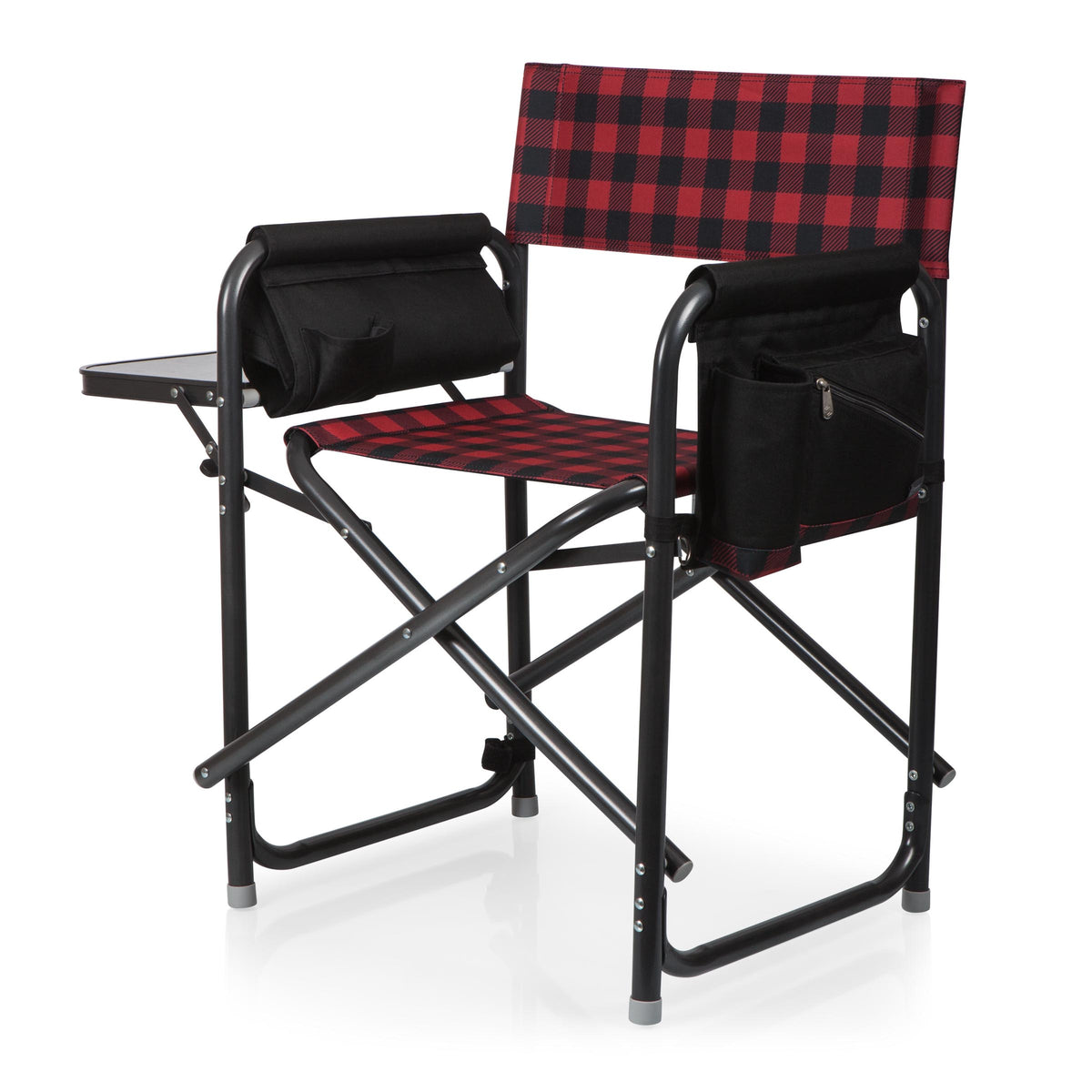 Directors Folding Chair with Side Table, Caddy and Umbrella Loop by Oniva - Red & Black Buffalo Plaid Pattern