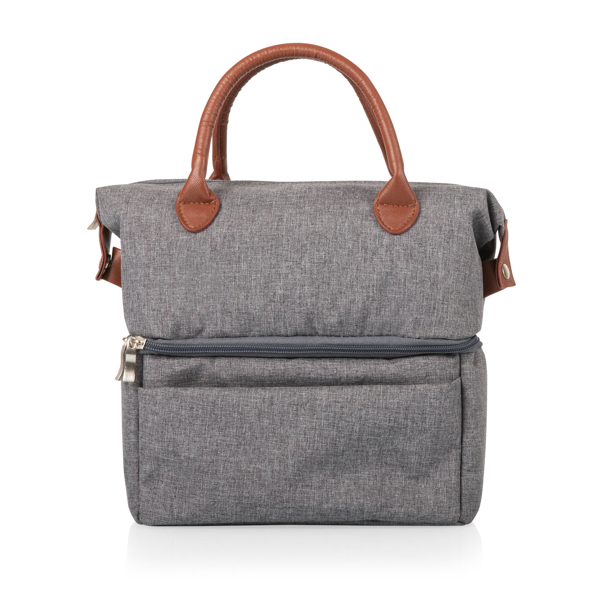 Urban Two-Tier Insulated Lunch Bag Cooler with Leatherette Handles and Dry Compartment - Gray with Brown Accents