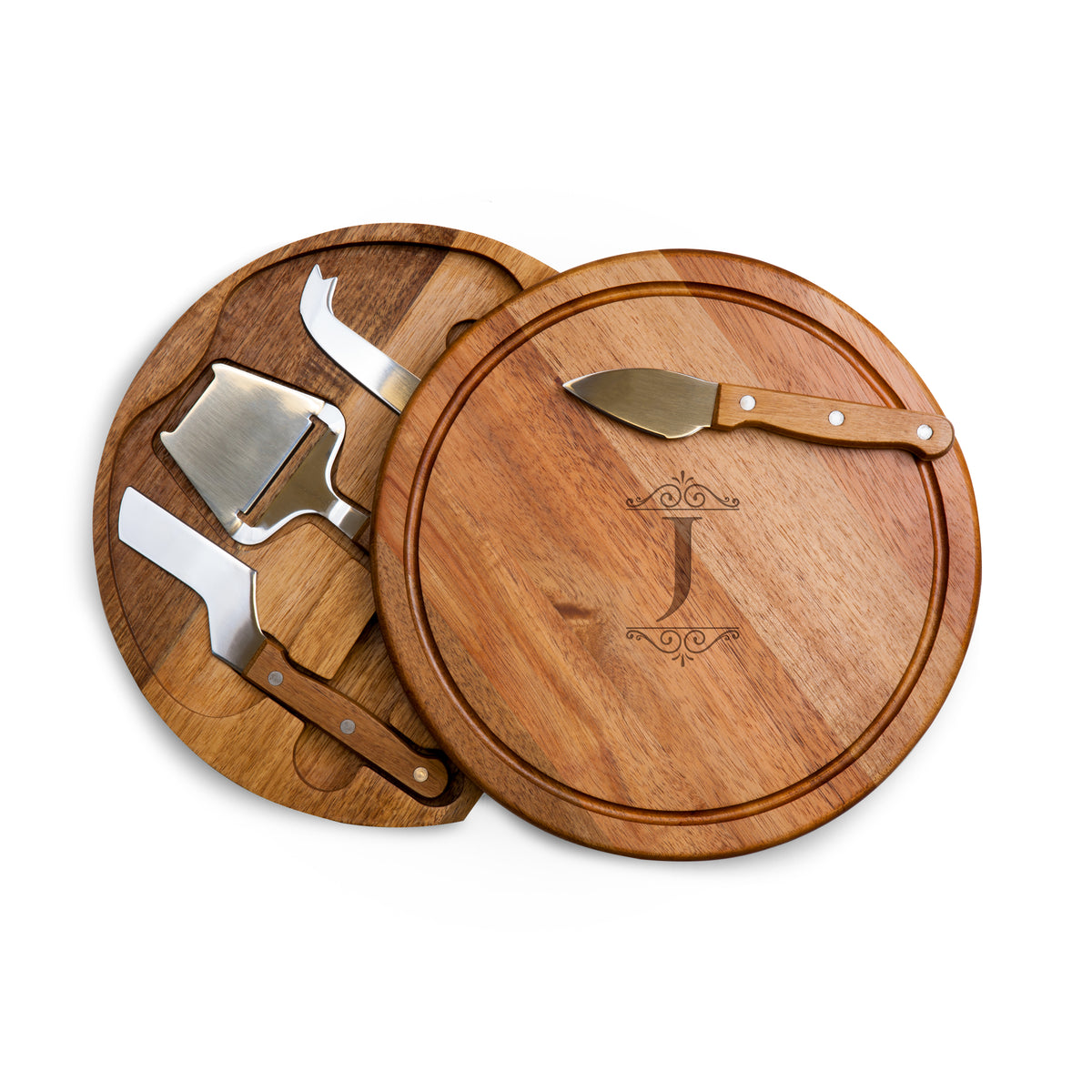Monogrammed Acacia Circo Cheese Board and Tool Set with Custom Initial - J