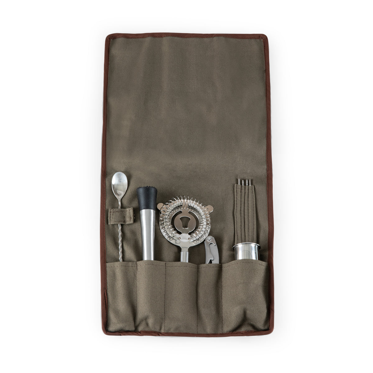 10-Piece Waxed Canvas Bar Tool Roll Up Kit with Stainless Steel Tools