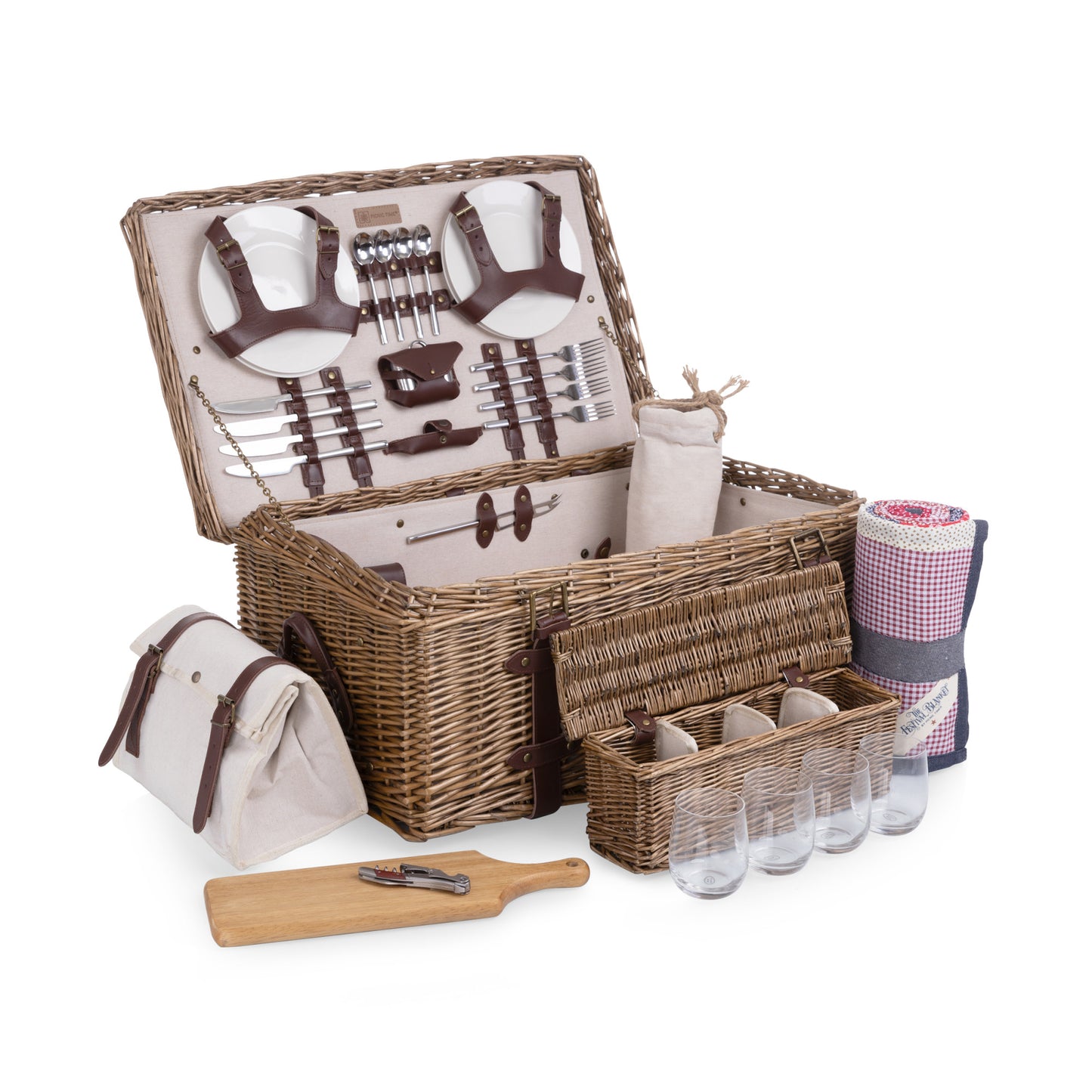 Charleston Luxury Wicker Picnic Basket for 4 with Genuine Cowhide Leather