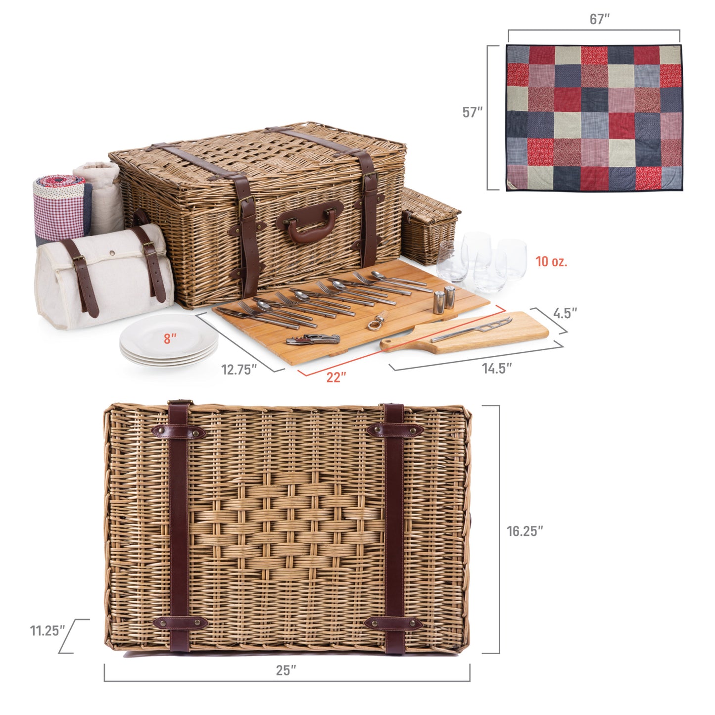 Charleston Luxury Wicker Picnic Basket for 4 with Genuine Cowhide Leather