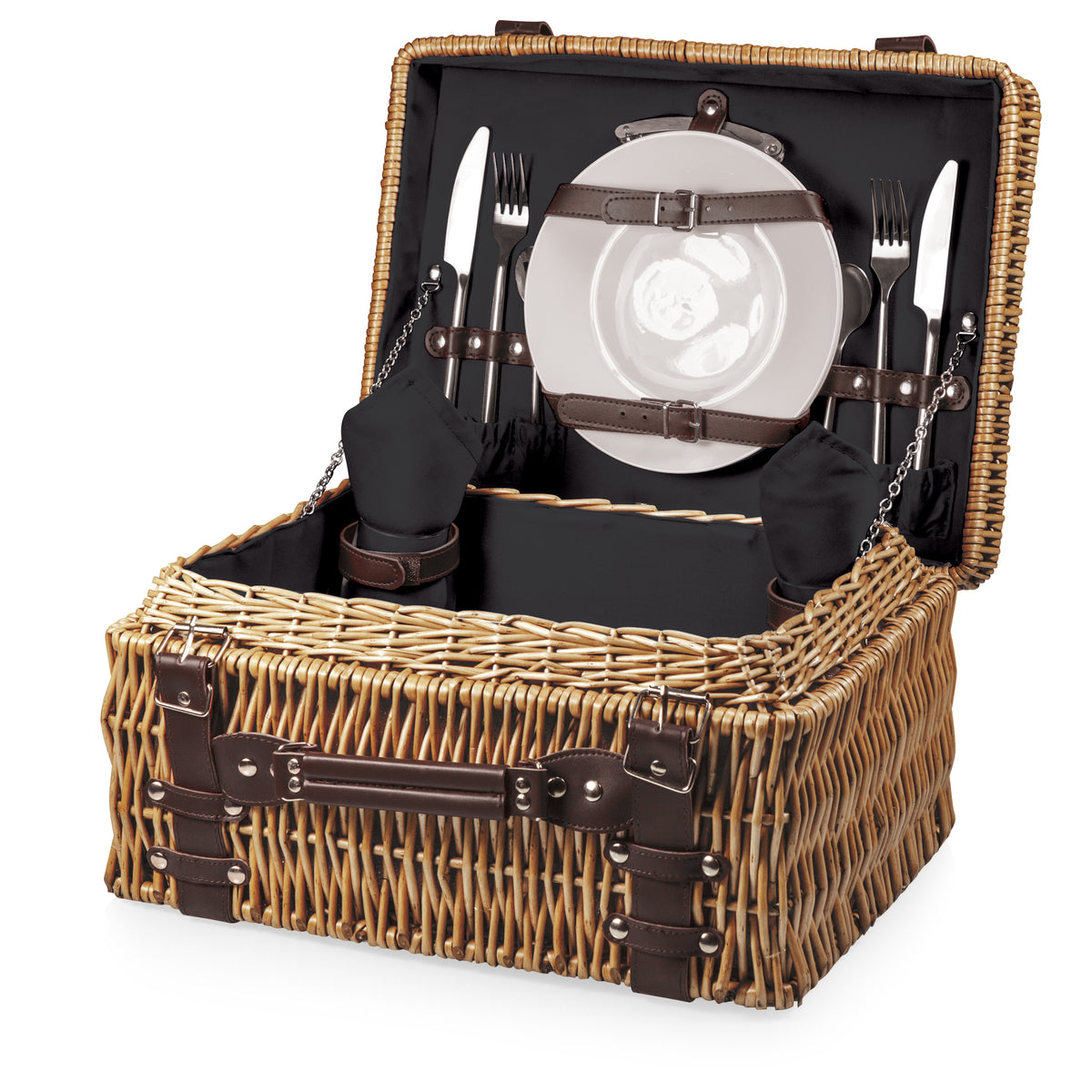 English-Style Wine & Cheese Picnic Basket for 2 with Porcelain Plates - Black with Brown Accents