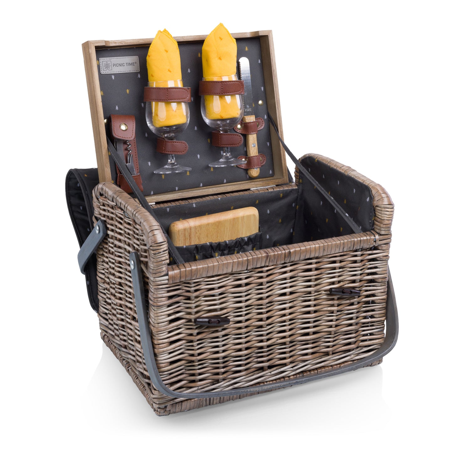 Kabrio Handwoven Willow Wine & Cheese Picnic Basket with Built-In Hardwood Tabletop