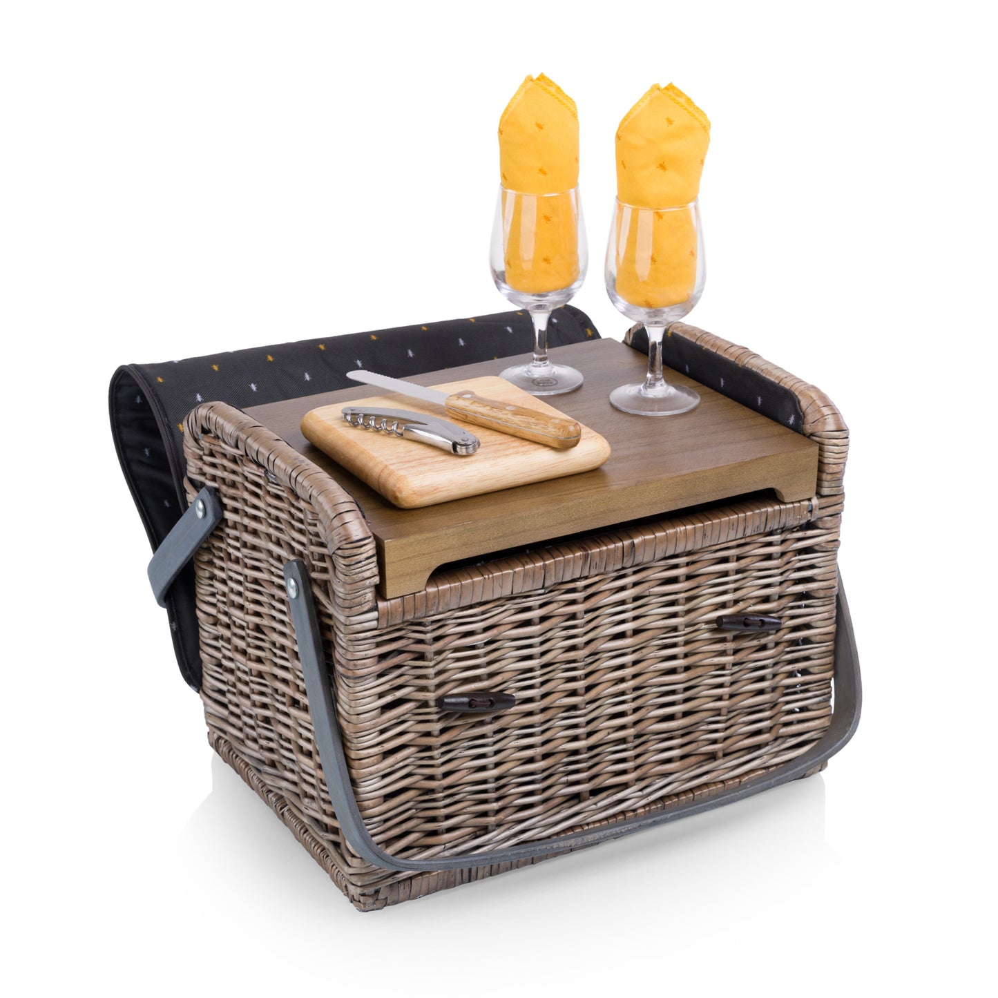 Kabrio Handwoven Willow Wine & Cheese Picnic Basket with Built-In Hardwood Tabletop