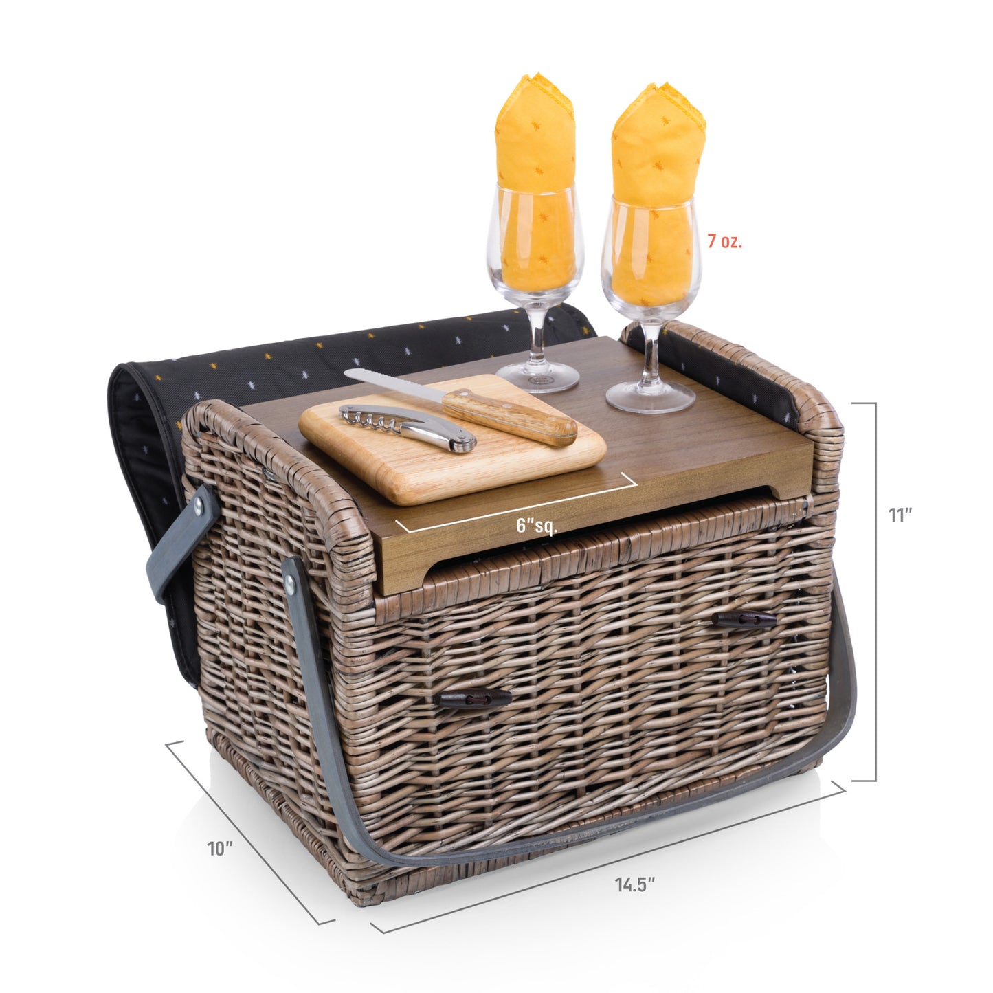 Kabrio Handwoven Willow Wine & Cheese Picnic Basket with Built-In Hardwood Tabletop