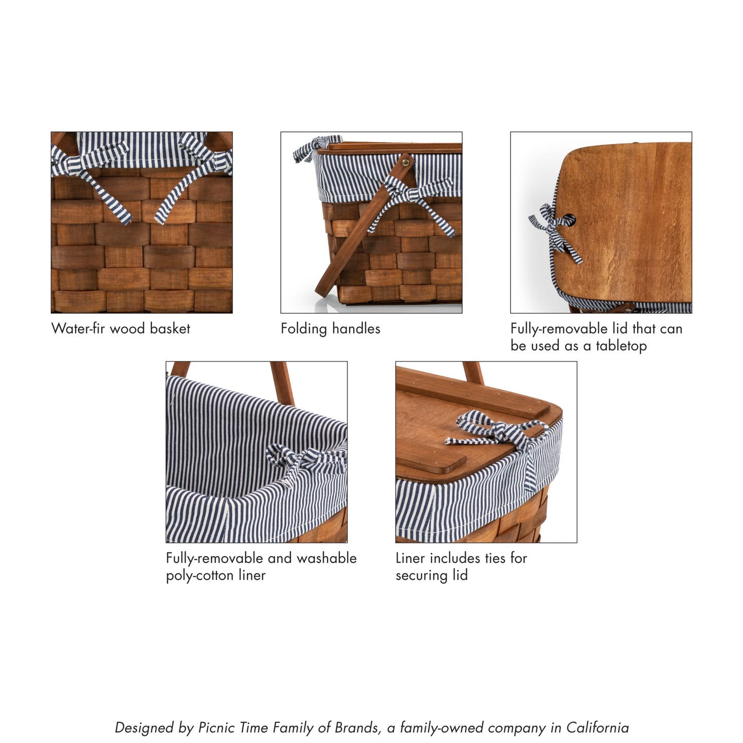 Kansas Handwoven Water Fir Wood Picnic Basket with Plywood Tabletop Lid for 2