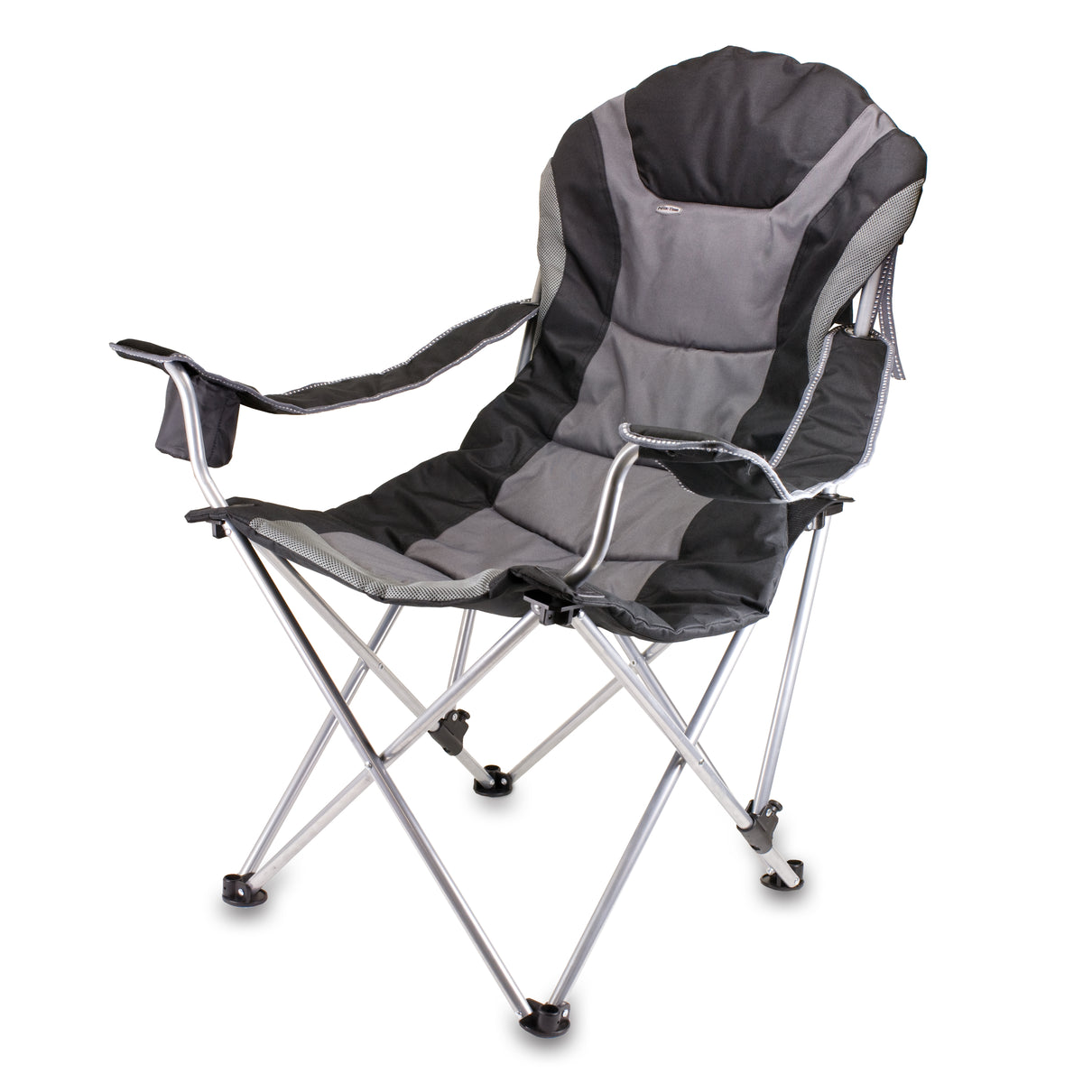 Reclining Camp Chair with 3 Positions, Padded Seat and Built-In Beverage Holder - Black with Gray Accents