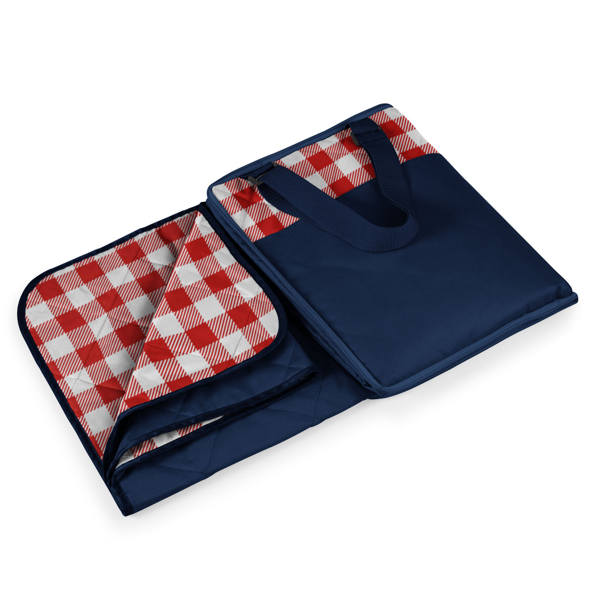 Vista Outdoor Picnic Blanket and Carry Tote with Adjustable Strap and Storage Pocket - Red & White Gingham Pattern with Navy Blue Exterior