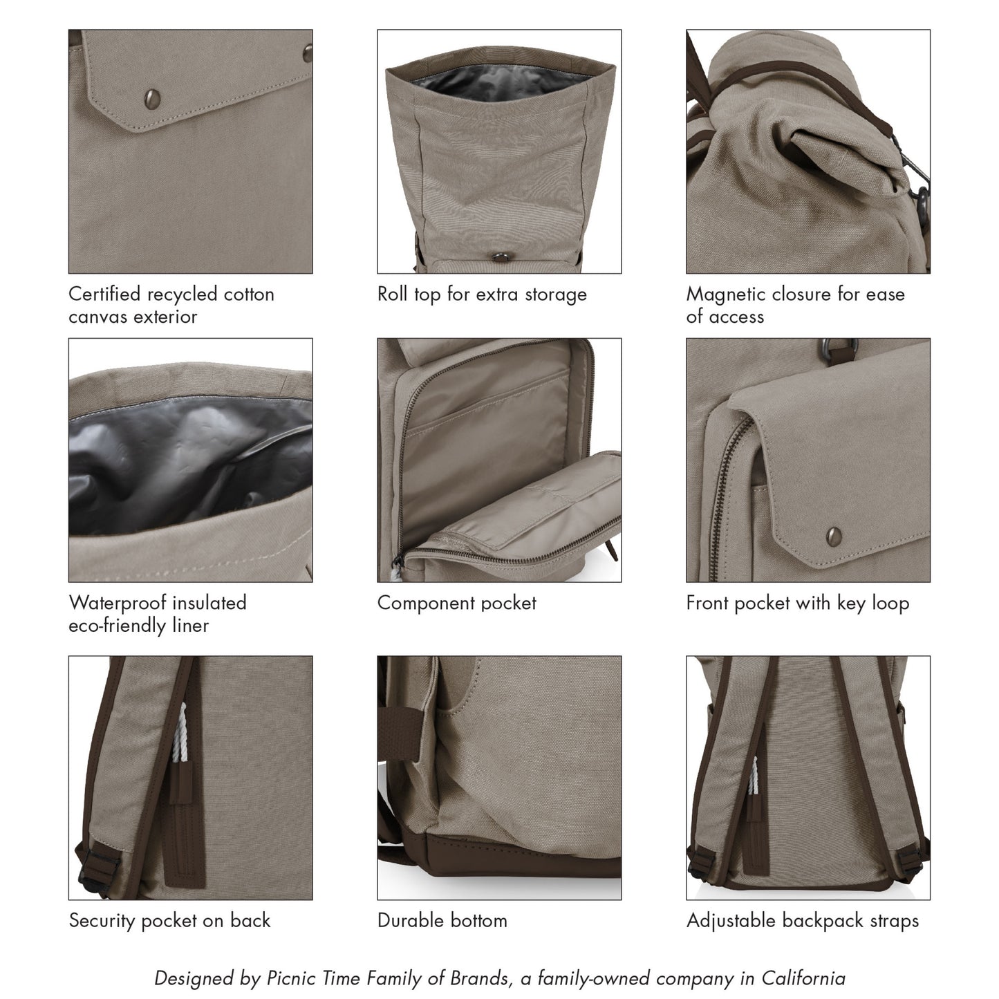 Carmel Roll Top Picnic Backpack Cooler with Utensil Set & Glass Water Bottles