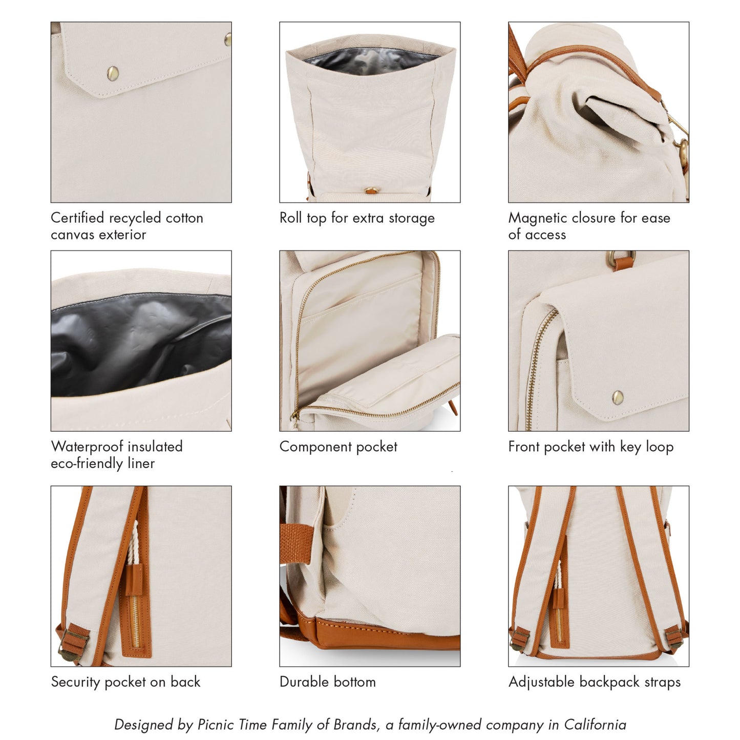 Carmel Roll Top Picnic Backpack Cooler with Utensil Set & Glass Water Bottles