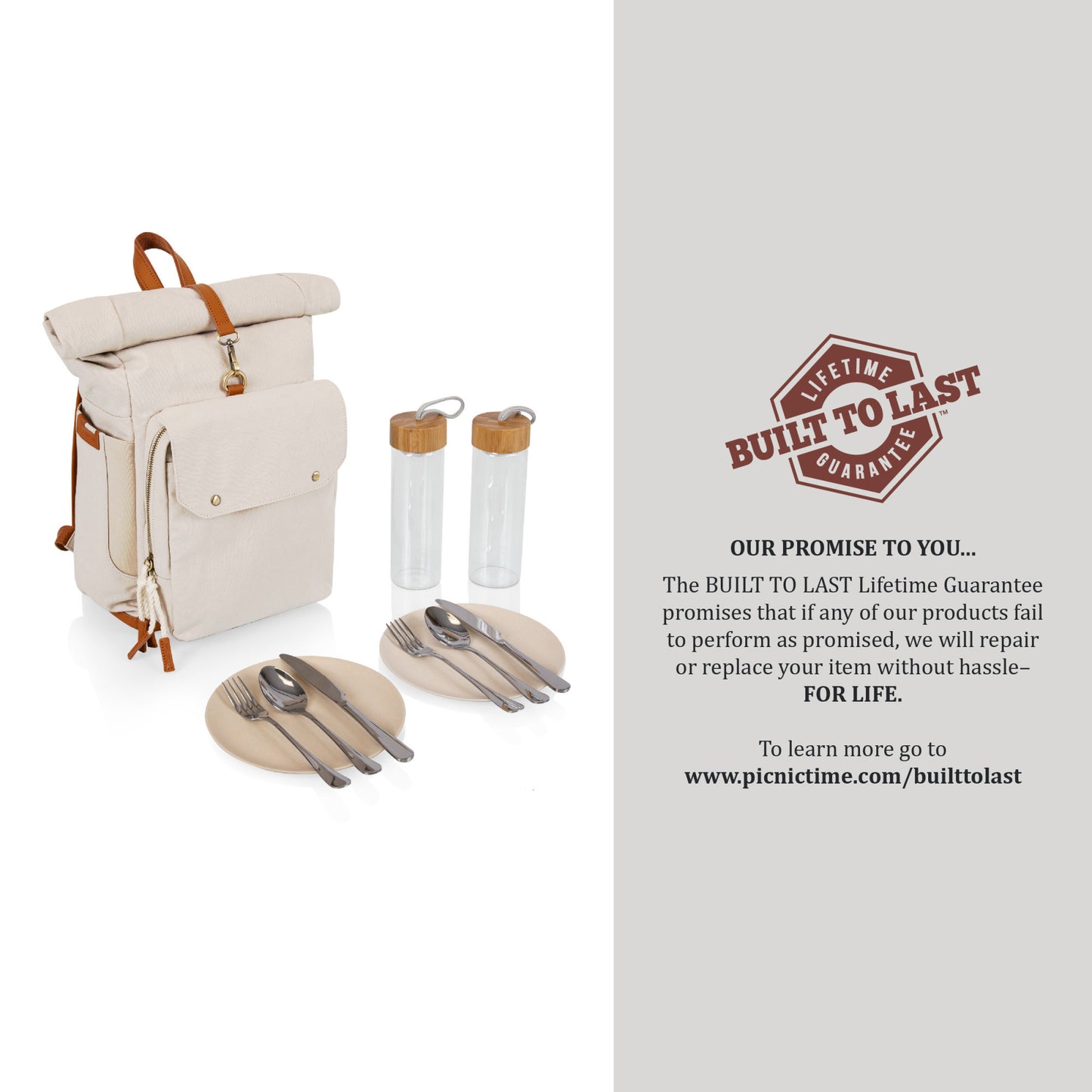 Carmel Roll Top Picnic Backpack Cooler with Utensil Set & Glass Water Bottles