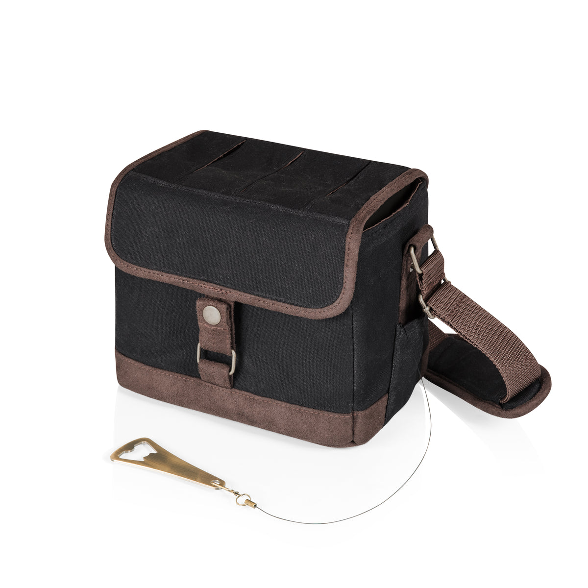 Beer Caddy 6-Pack Cooler Tote with Bottle Opener - Black with Brown Accents