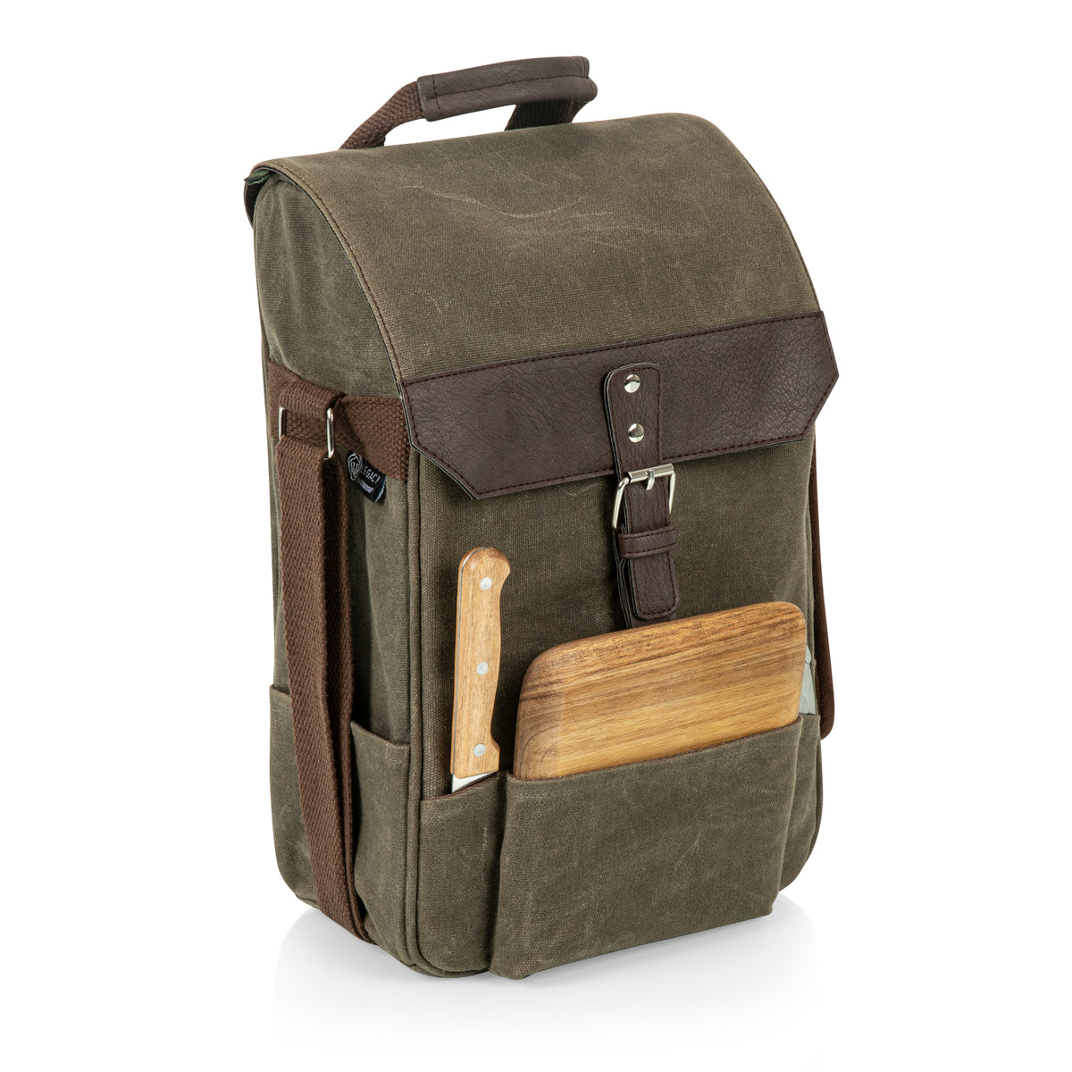 2-Bottle Insulated Wine & Cheese Cooler Tote with Acacia Board & Knife Set - Khaki Green with Brown Accents