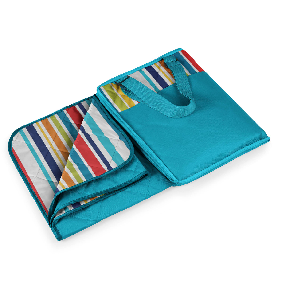 Vista Outdoor Picnic Blanket and Carry Tote with Adjustable Strap and Storage Pocket - Fun Stripe Pattern with Aqua Blue Exterior