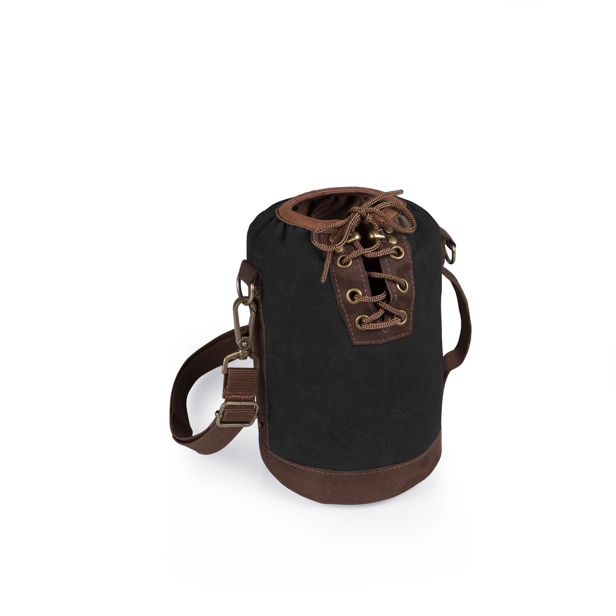 Insulated Waxed Canvas Growler Tote with Adjustable Shoulder Strap - Black with Brown Accents