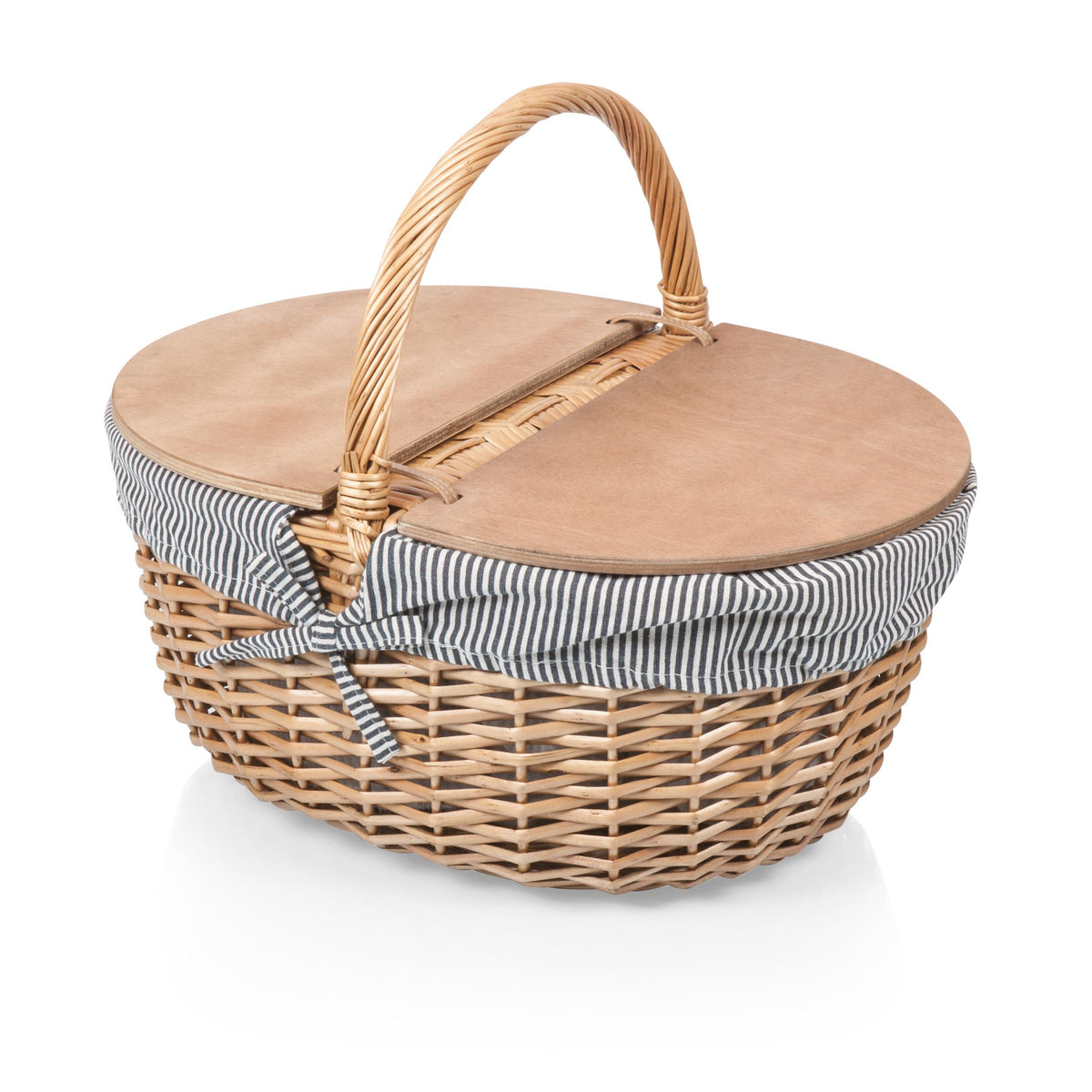 Country Vintage Wicker Picnic Basket for 2 with Split-Lid Design - Navy Blue & White Stripe