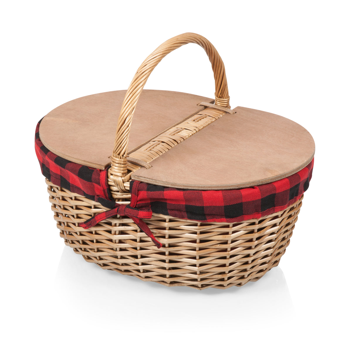 Country Vintage Wicker Picnic Basket for 2 with Split-Lid Design - Red & Black Buffalo Plaid Pattern