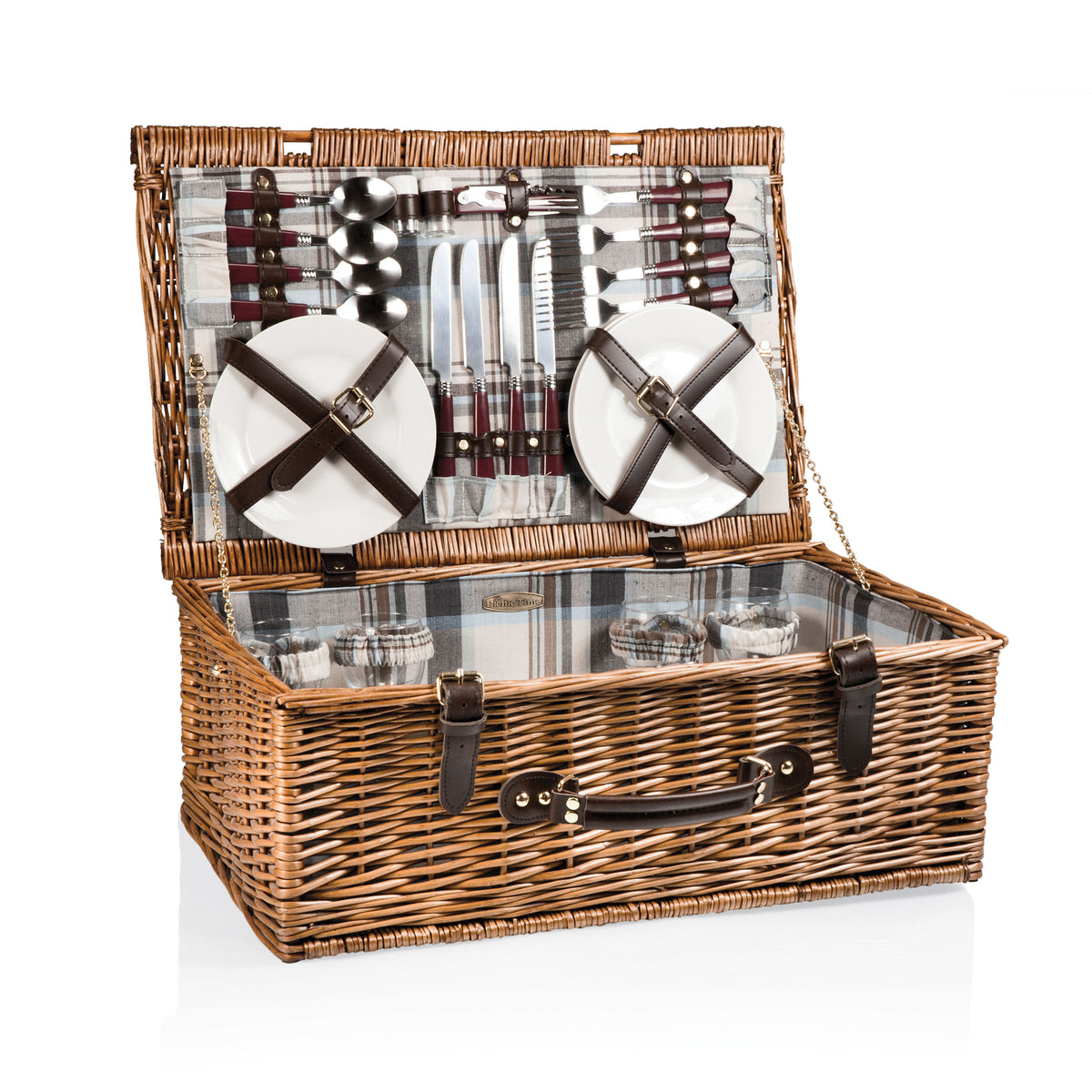Newbury Handwoven Willow Picnic Basket with Navy Plaid Lining and Flat Lid