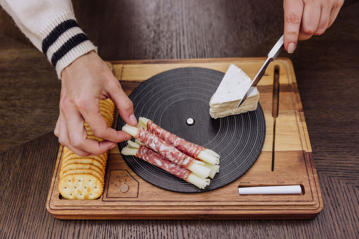 Turntable Acacia Wood and Slate Lazy Susan Cheese Board with Cheese Knife and Chalk