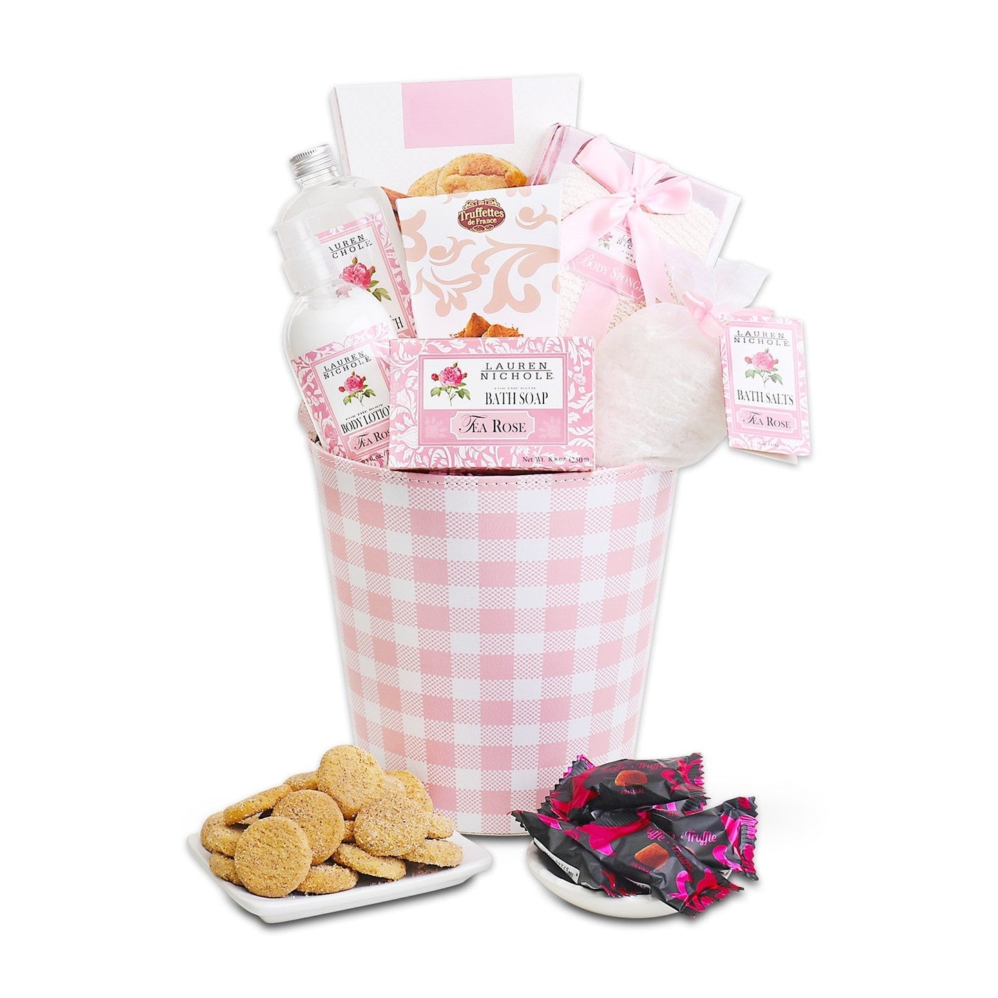 Rose and Lavender Spa Gift Basket with French Truffles and Sweet Treats