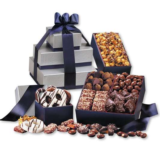 english butter toffee, truffles, chocolate covered almonds gift tower